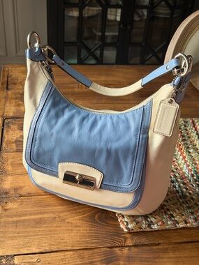 Coach Two-Tone Blue and Cream Leather Shoulder Bag - Kristin Hobo Bag